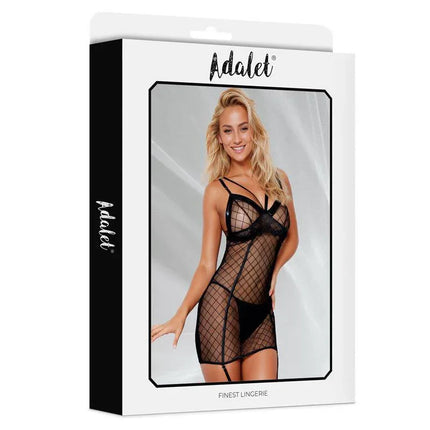 Eliza Babydoll with Garter packaging by Adalet featuring semi-transparent black design for confident, stylish wear.