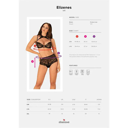 Elizenes 2 Piece Lace Bra Set With Halterneck displayed with size guide and model wearing black lace design.
