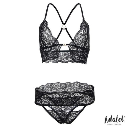 Ella Lace Bra, Thong, Mask, and Cuffs Set by Adalet, featuring delicate black lace details for a seductive and feminine look.