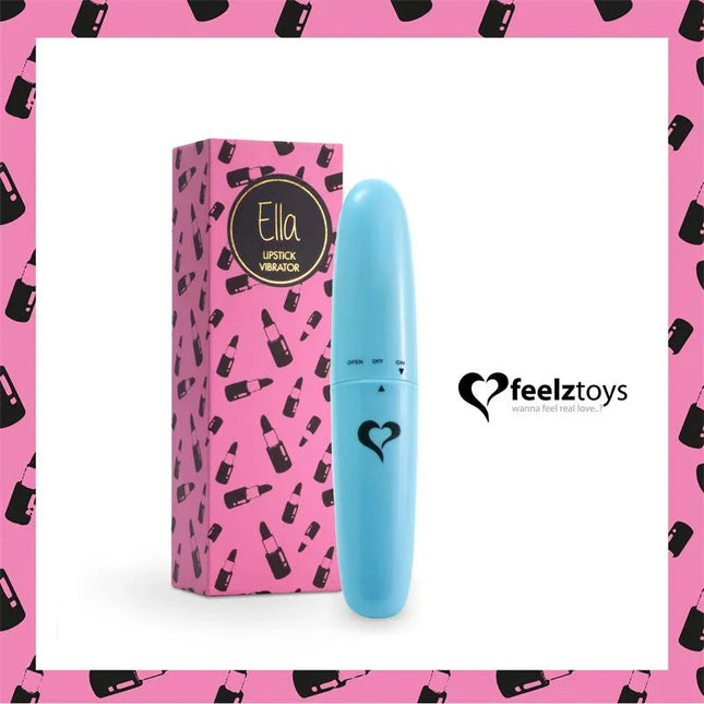 Ella Lipstick Vibe Light Blue next to its pink packaging from FeelzToys