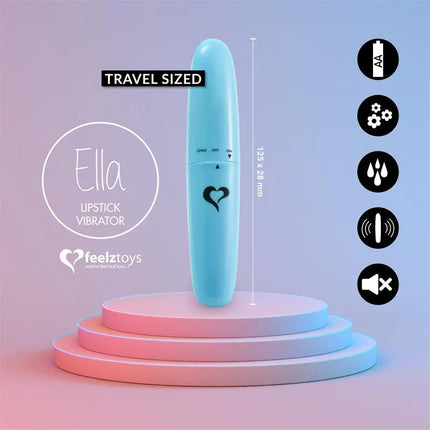 Ella Lipstick Vibe Light Blue, a discreet travel-sized vibrator, on a display with icons for features like waterproof and quiet motor.