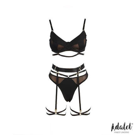 Ellie Bra, Thong, Garter Belt, and Garters Set by Adalet in black with semi-transparent mesh for a bold, elegant silhouette.