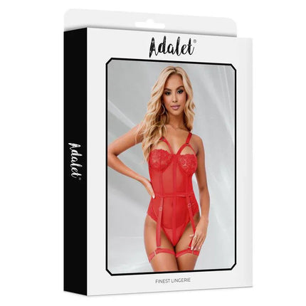 Ellie Teddy with Leg Ring by Adalet, red lingerie with floral details and integrated garter belt, packaged model view.