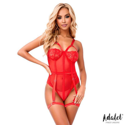 Ellie Teddy with Leg Ring by Adalet in red with floral details and integrated garter belt, flattering lingerie design.