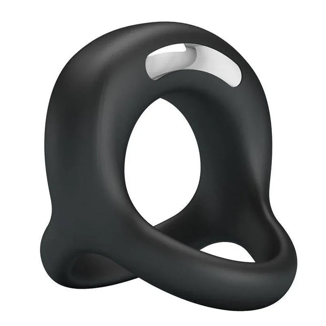 Elliot Vibrating Penis Ring in sleek black silicone design with dual-ring for enhanced pleasure, featuring USB-rechargeable battery.