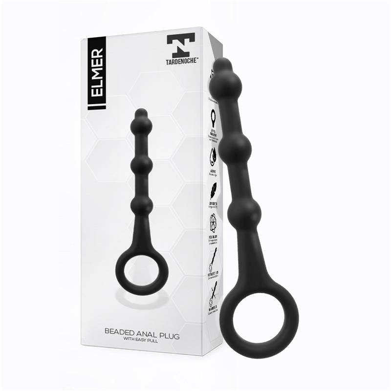 Elmer Beaded Butt Plug with Easy Pull Ring Silicone Black - secretsextoys.store