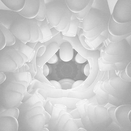 Abstract white geometric pattern resembling interconnected tubes or sleeves, artistic composition with light and shadow effects.