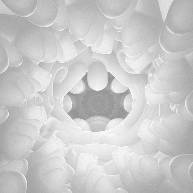 Abstract white geometric pattern resembling interconnected tubes or sleeves, artistic composition with light and shadow effects.