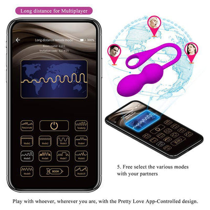 Elvira Vibrating Kegel Balls with App Control shown with a smartphone app interface illustrating various vibration modes and remote access.