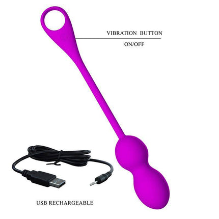 Elvira Vibrating Kegel Balls with App Control in purple, with USB cable for charging, showcasing vibration button and features.