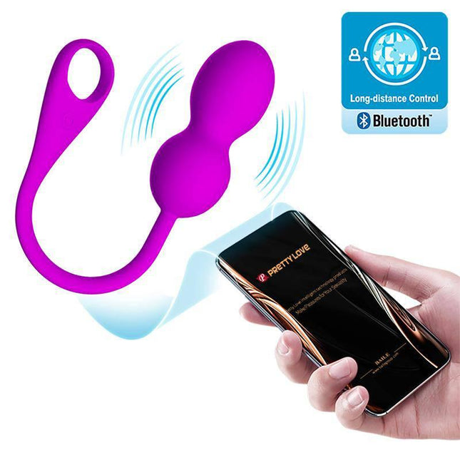 Elvira Vibrating Kegel Balls with App Control showing Bluetooth connectivity with a smartphone and multiple vibration functions.