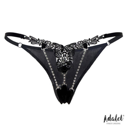Emillie Lace Thong with Breads by Adalet, featuring black lace, sparkling straps, and rhinestones for a glamorous look.
