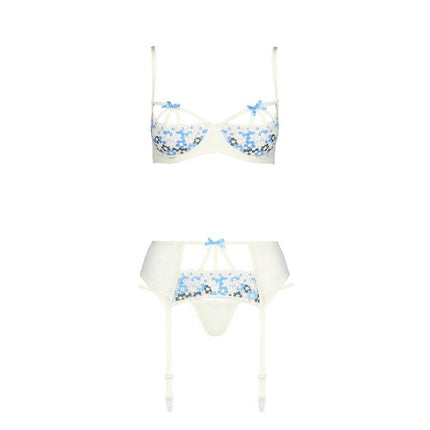 White and blue Emma 2 Pieces Set with open-cup bra and garter belt, designed to enhance allure and confidence.