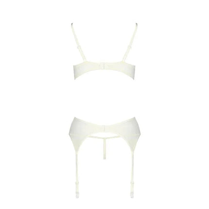 Emma 2 Pieces Set - white lingerie with blue details, open-cup bra, garter belt, thong