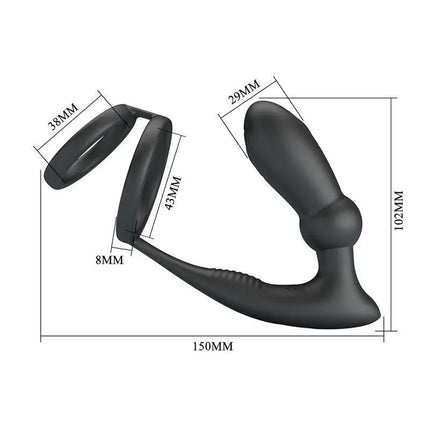 Emoni Vibrating Butt Plug and Cock Ring with dimensions for enhanced pleasure and comfort, shown in sleek black silicone design.