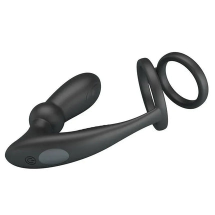 Emoni Vibrating Butt Plug and Cock Ring in black silicone with dual-ring design for secure, customizable, hands-free pleasure.