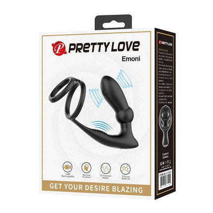 Packaging of Emoni Vibrating Butt Plug and Cock Ring showing the dual-stimulation toy with butt plug and ring system for pleasure.
