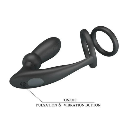 Emoni Vibrating Butt Plug and Cock Ring with dual-stimulation, premium silicone design, featuring on/off pulsation and vibration button.