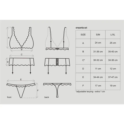 Size chart and design details for Emperita 3 Pieces Set Black lingerie featuring lace and velvet elements in S/M and L/XL sizes.
