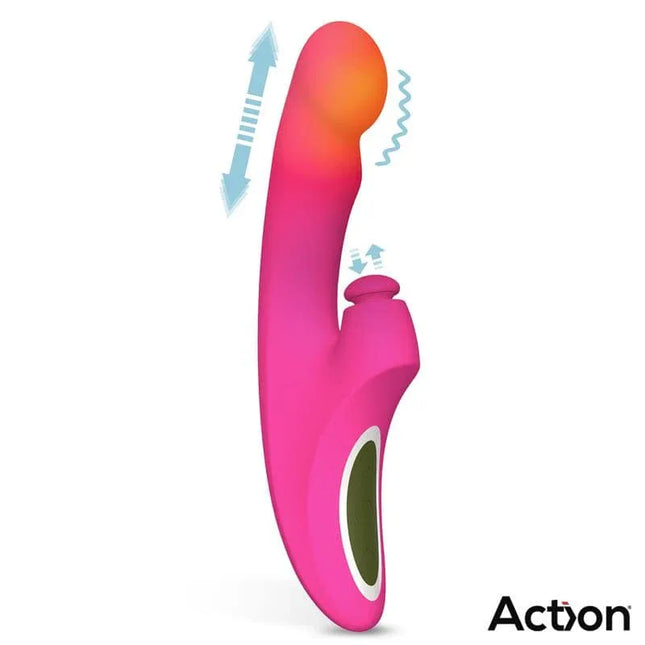 Enles Vibe with Beating Ball, Thrusting y Heat Function by Action, triple-motor pink vibrator with arrows indicating motion.