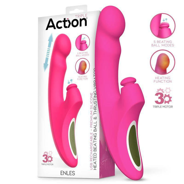Enles Vibe with Beating Ball, Thrusting y Heat Function packaged product image showing triple motor design.
