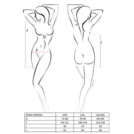 Size chart illustration for Enna Chemise Black from Avanua, showing measurements for S/M, L/XL, and XXL/XXXL sizes.