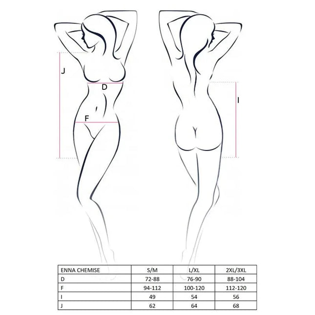 Size chart illustration for Enna Chemise Black from Avanua, showing measurements for S/M, L/XL, and XXL/XXXL sizes.