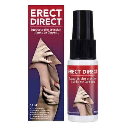 "Erect Direct 15ml bottle with Ginseng for enhanced sensitivity and power erection, featuring hands touching an arrow design."