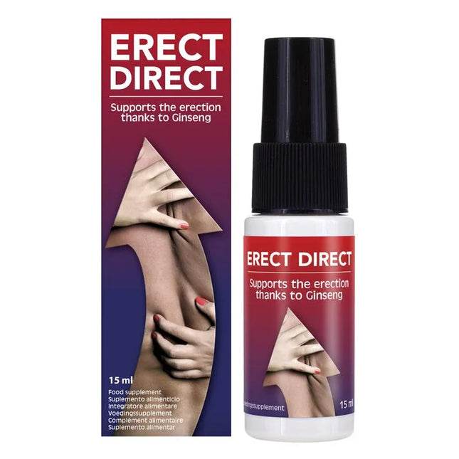 "Erect Direct 15ml bottle with Ginseng for enhanced sensitivity and power erection, featuring hands touching an arrow design."