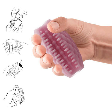 Hand holding Eros Men Masturbator Pink with textured interior and instructional diagrams in background.
