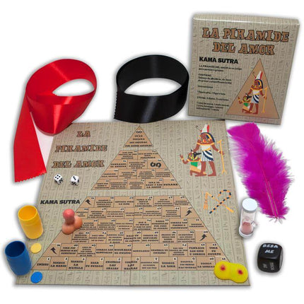 Board Game Pirámide del Amor set with board, dice, ribbons, and accessories for fun couple and group activities.