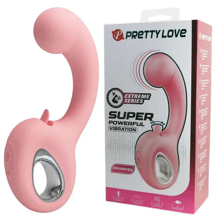 Erynnyes Vibrator with Licking in pink with packaging, features dual-stimulation and clitoral licking functions, highlighting luxury design.