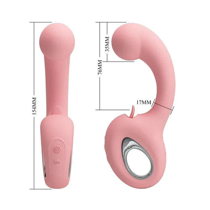Erynnyes Vibrator with Licking in pink, showing dimensions and curved design for dual-stimulation and pleasure