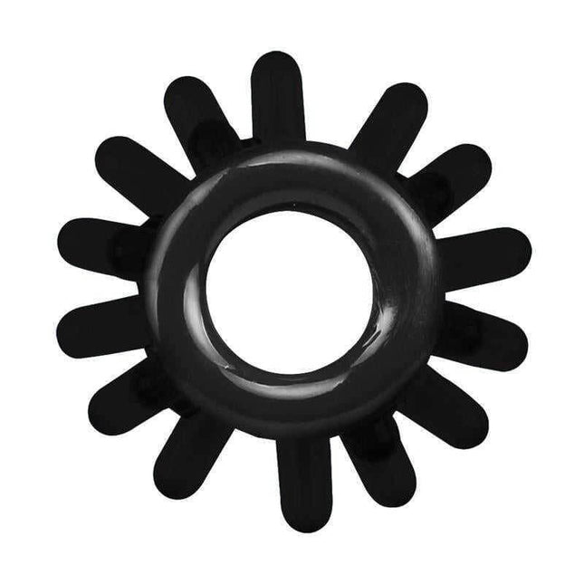Essential Black Cock Rings Set - distinctive black cock ring with unique configuration, made from skin-safe TPE, 3.7 cm x 1.4 cm.