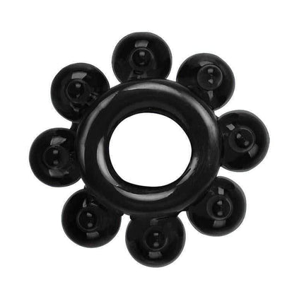 Essential Black Cock Rings Set showing a single black ring with a nodular design for enhanced pleasure and durability.