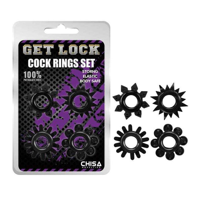 Essential Black Cock Rings Set for enhanced intimacy and pleasure, includes four TPE rings in varied configurations, phthalate-free.