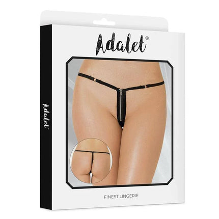 Esther Thong with zipper by Adalet featuring bold black design and front zipper on packaging for women's lingerie.