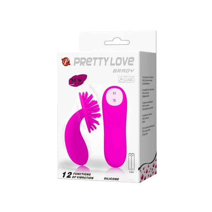 Estimulator Brady Pink box showing 12 vibration functions and silicone texture for intense pleasure.