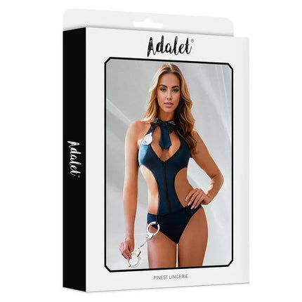 Everly Teddy Police Costume by Adalet in packaging, featuring seductive lingerie with a tie, badge, and open sides. Handcuffs not included.