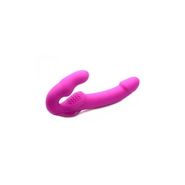 Evoke Vibrating Strapless Strap-On Pink, ergonomic design, double vibrator for hands-free dual stimulation.