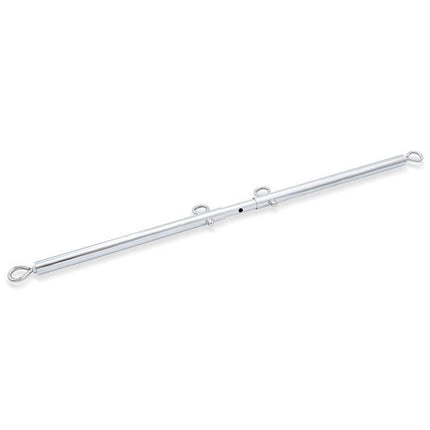 Expandable Spreader Silver Bar with adjustable stainless steel design and hooks, part of Latetobed BDSM Line.