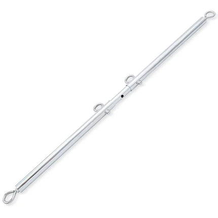 Expandable Spreader Silver Bar with adjustable stainless steel design and hooks for BDSM enthusiasts.