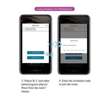 Mobile app interface for joining a multiplayer room remotely, showing steps for selecting a room and entering invitation code.