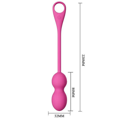 Explore Elvira Vibrating Kegel Balls with App in pink, showing body-safe silicone design with dimensions of 220mm length and 32mm width.