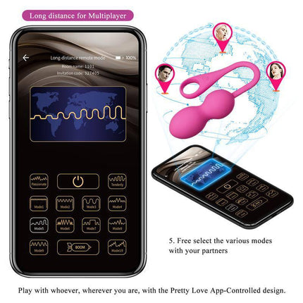 Explore Elvira Vibrating Kegel Balls with App shown with smartphone interface in long distance multiplayer mode.