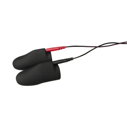 Explorer Silicone Noir Finger Sleeves with cables, suitable for electrostimulation and compatible with ElectraStim devices.