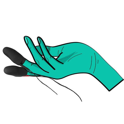 Illustration of Explorer Silicone Noir Finger Sleeves on a hand, showing discreet, controllable electrostimulation capabilities.