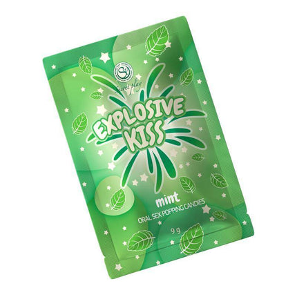 Oral Sex Popping Candies 1 Sachet Mint Flavor in green packaging with leaf design and "Explosive Kiss" label.