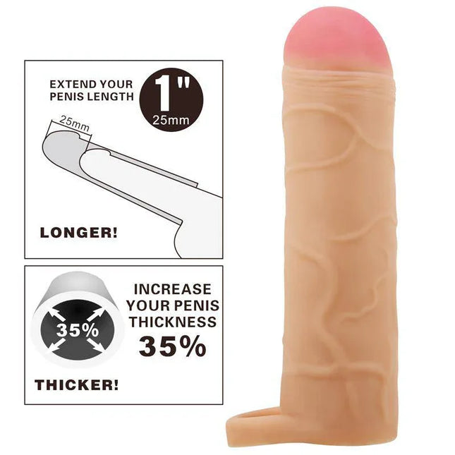 Extended Penis Sleeve 1 Bunion for added length and girth, featuring realistic texture and enhanced stimulation.