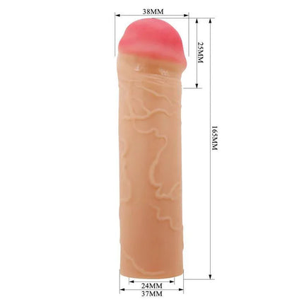 Extended Penis Sleeve 1 Nile with measurements, enhancing length and girth with realistic texture for enhanced intimacy.